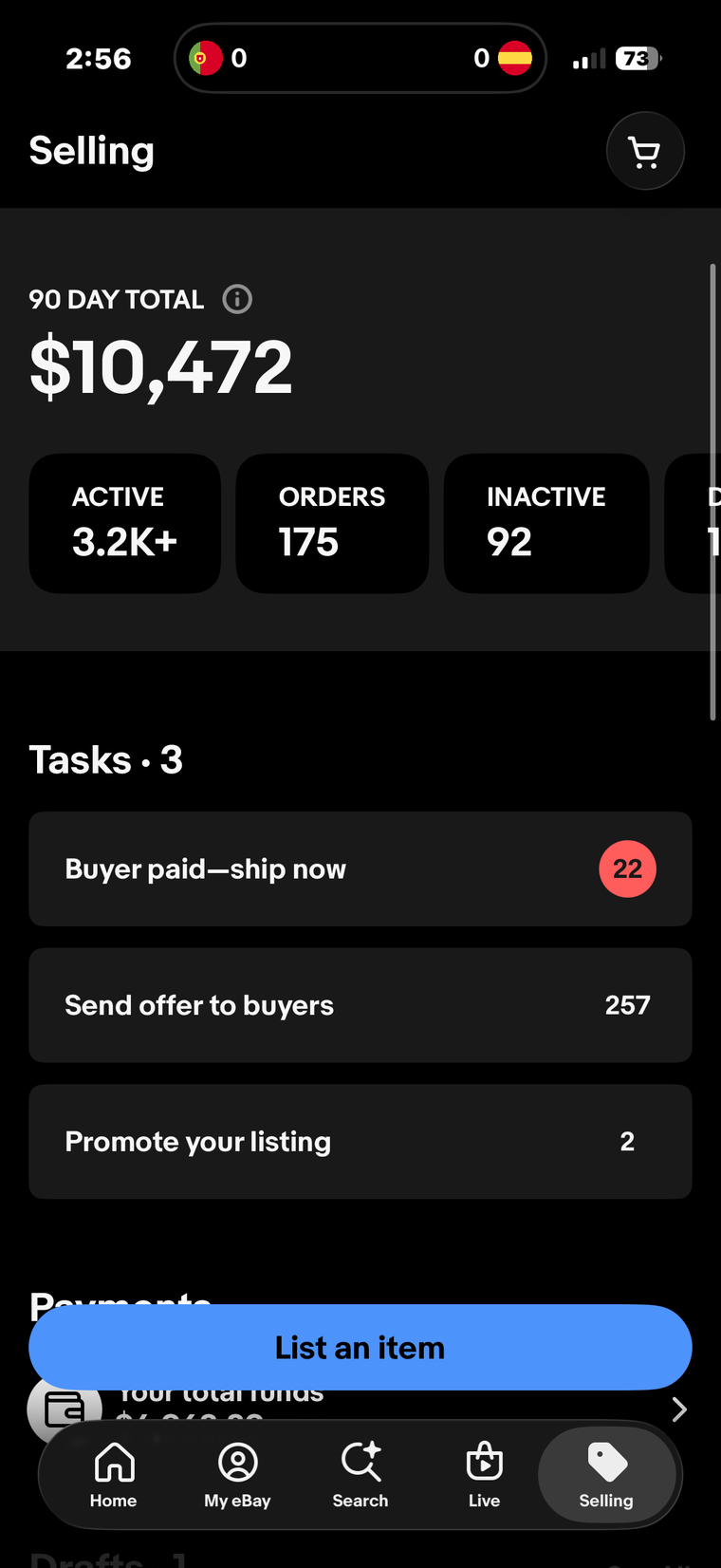 A live eBay Seller Hub dashboard running on Meridian (1)