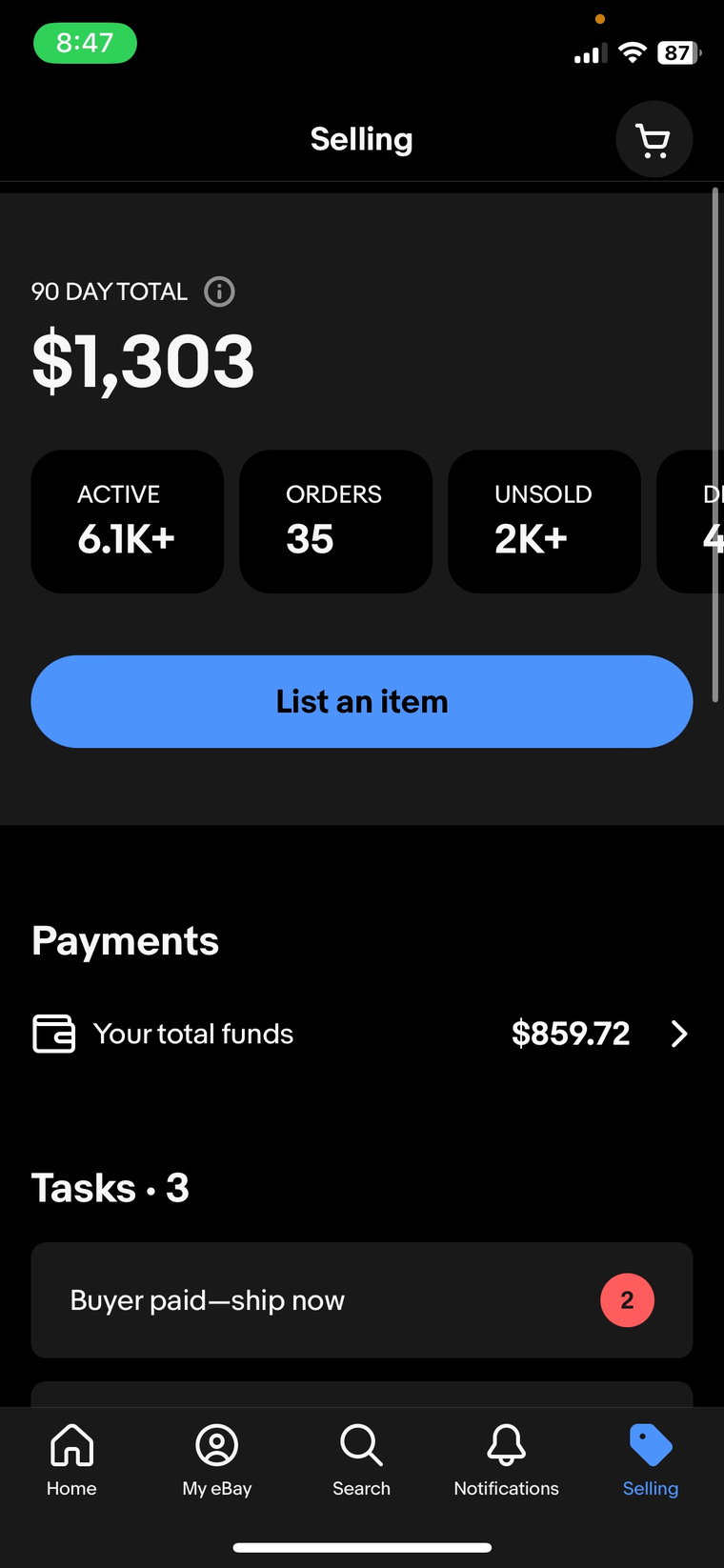 A live eBay Seller Hub dashboard running on Meridian (5)