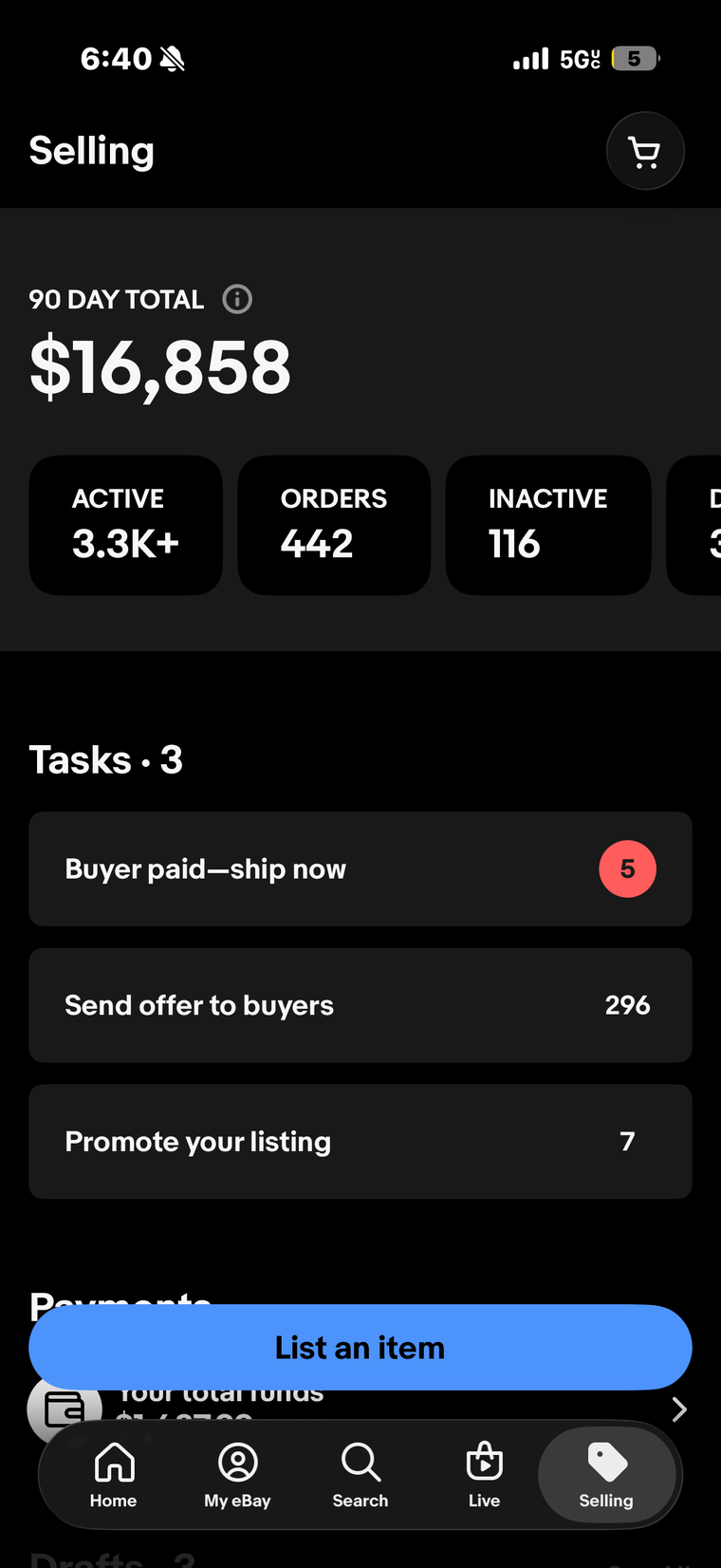 A live eBay Seller Hub dashboard running on Meridian (6)